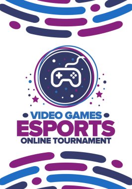 Esports Online Turnuvası. Video oyunları yayınlanıyor. Sanal spor ve oyun konsepti. Oyun salonunda, video veya bilgisayar oyununda oyna. Oyun platformu, kumanda ya da joystick. Boş zaman, eğlence ve eğlence. Vektör