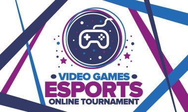 Esports Online Turnuvası. Video oyunları yayınlanıyor. Sanal spor ve oyun konsepti. Oyun salonunda, video veya bilgisayar oyununda oyna. Oyun platformu, kumanda ya da joystick. Boş zaman, eğlence ve eğlence. Vektör