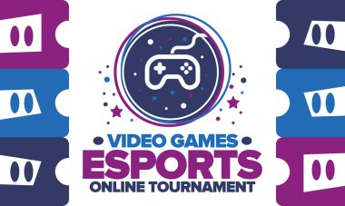 Esports Online Turnuvası. Video oyunları yayınlanıyor. Sanal spor ve oyun konsepti. Oyun salonunda, video veya bilgisayar oyununda oyna. Oyun platformu, kumanda ya da joystick. Boş zaman, eğlence ve eğlence. Vektör