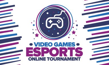 Esports Online Turnuvası. Video oyunları yayınlanıyor. Sanal spor ve oyun konsepti. Oyun salonunda, video veya bilgisayar oyununda oyna. Oyun platformu, kumanda ya da joystick. Boş zaman, eğlence ve eğlence. Vektör