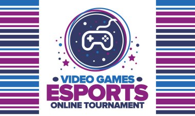Esports Online Turnuvası. Video oyunları yayınlanıyor. Sanal spor ve oyun konsepti. Oyun salonunda, video veya bilgisayar oyununda oyna. Oyun platformu, kumanda ya da joystick. Boş zaman, eğlence ve eğlence. Vektör
