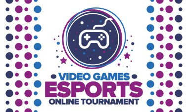 Esports Online Turnuvası. Video oyunları yayınlanıyor. Sanal spor ve oyun konsepti. Oyun salonunda, video veya bilgisayar oyununda oyna. Oyun platformu, kumanda ya da joystick. Boş zaman, eğlence ve eğlence. Vektör