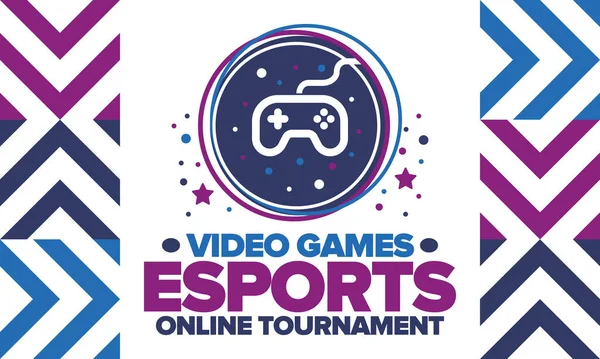 Esports Online Turnuvası. Video oyunları yayınlanıyor. Sanal spor ve oyun konsepti. Oyun salonunda, video veya bilgisayar oyununda oyna. Oyun platformu, kumanda ya da joystick. Boş zaman, eğlence ve eğlence. Vektör