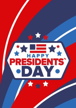 Birleşik Devletler 'de Başkanlık Günün kutlu olsun. Washington 'ın doğum günü. Amerika 'da federal tatil. Şubat 'ta kutlandı. Vatansever Amerikan unsurları. Poster, afiş ve arkaplan. Vektör illüstrasyonu