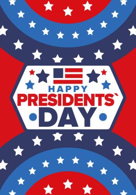 Birleşik Devletler 'de Başkanlık Günün kutlu olsun. Washington 'ın doğum günü. Amerika 'da federal tatil. Şubat 'ta kutlandı. Vatansever Amerikan unsurları. Poster, afiş ve arkaplan. Vektör illüstrasyonu