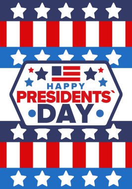 Birleşik Devletler 'de Başkanlık Günün kutlu olsun. Washington 'ın doğum günü. Amerika 'da federal tatil. Şubat 'ta kutlandı. Vatansever Amerikan unsurları. Poster, afiş ve arkaplan. Vektör illüstrasyonu