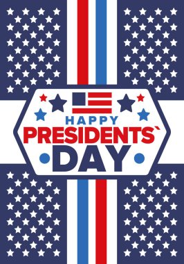 Birleşik Devletler 'de Başkanlık Günün kutlu olsun. Washington 'ın doğum günü. Amerika 'da federal tatil. Şubat 'ta kutlandı. Vatansever Amerikan unsurları. Poster, afiş ve arkaplan. Vektör illüstrasyonu