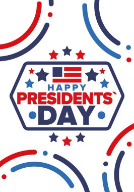 Birleşik Devletler 'de Başkanlık Günün kutlu olsun. Washington 'ın doğum günü. Amerika 'da federal tatil. Şubat 'ta kutlandı. Vatansever Amerikan unsurları. Poster, afiş ve arkaplan. Vektör illüstrasyonu