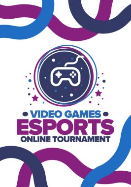 Esports Online Turnuvası. Video oyunları yayınlanıyor. Sanal spor ve oyun konsepti. Oyun salonunda, video veya bilgisayar oyununda oyna. Oyun platformu, kumanda ya da joystick. Boş zaman, eğlence ve eğlence. Vektör