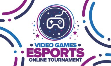 Esports Online Turnuvası. Video oyunları yayınlanıyor. Sanal spor ve oyun konsepti. Oyun salonunda, video veya bilgisayar oyununda oyna. Oyun platformu, kumanda ya da joystick. Boş zaman, eğlence ve eğlence. Vektör