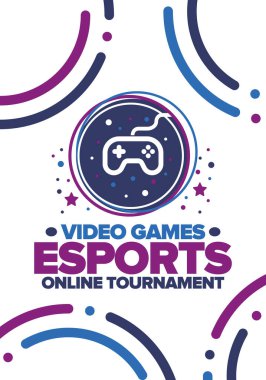 Esports Online Turnuvası. Video oyunları yayınlanıyor. Sanal spor ve oyun konsepti. Oyun salonunda, video veya bilgisayar oyununda oyna. Oyun platformu, kumanda ya da joystick. Boş zaman, eğlence ve eğlence. Vektör