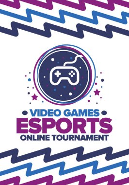 Esports Online Turnuvası. Video oyunları yayınlanıyor. Sanal spor ve oyun konsepti. Oyun salonunda, video veya bilgisayar oyununda oyna. Oyun platformu, kumanda ya da joystick. Boş zaman, eğlence ve eğlence. Vektör