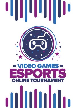 Esports Online Turnuvası. Video oyunları yayınlanıyor. Sanal spor ve oyun konsepti. Oyun salonunda, video veya bilgisayar oyununda oyna. Oyun platformu, kumanda ya da joystick. Boş zaman, eğlence ve eğlence. Vektör