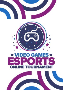 Esports Online Turnuvası. Video oyunları yayınlanıyor. Sanal spor ve oyun konsepti. Oyun salonunda, video veya bilgisayar oyununda oyna. Oyun platformu, kumanda ya da joystick. Boş zaman, eğlence ve eğlence. Vektör