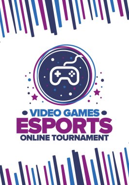 Esports Online Turnuvası. Video oyunları yayınlanıyor. Sanal spor ve oyun konsepti. Oyun salonunda, video veya bilgisayar oyununda oyna. Oyun platformu, kumanda ya da joystick. Boş zaman, eğlence ve eğlence. Vektör