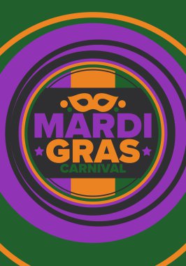 New Orleans 'taki Mardi Gras Karnavalı. Şişman Salı. Geleneksel bayram, yıllık kutlama. Halk festivali, kostüm maskesi, eğlence partisi. Karnaval maskesi. Poster, kart, afiş ve geçmiş. Vektör