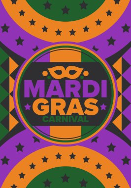 New Orleans 'taki Mardi Gras Karnavalı. Şişman Salı. Geleneksel bayram, yıllık kutlama. Halk festivali, kostüm maskesi, eğlence partisi. Karnaval maskesi. Poster, kart, afiş ve geçmiş. Vektör