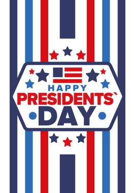 Birleşik Devletler 'de Başkanlık Günün kutlu olsun. Washington 'ın doğum günü. Amerika 'da federal tatil. Şubat 'ta kutlandı. Vatansever Amerikan unsurları. Poster, afiş ve arkaplan. Vektör illüstrasyonu