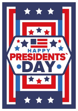 Birleşik Devletler 'de Başkanlık Günün kutlu olsun. Washington 'ın doğum günü. Amerika 'da federal tatil. Şubat 'ta kutlandı. Vatansever Amerikan unsurları. Poster, afiş ve arkaplan. Vektör illüstrasyonu