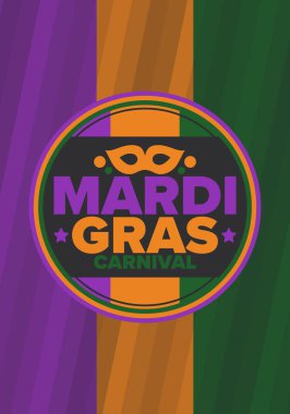 New Orleans 'taki Mardi Gras Karnavalı. Şişman Salı. Geleneksel bayram, yıllık kutlama. Halk festivali, kostüm maskesi, eğlence partisi. Karnaval maskesi. Poster, kart, afiş ve geçmiş. Vektör