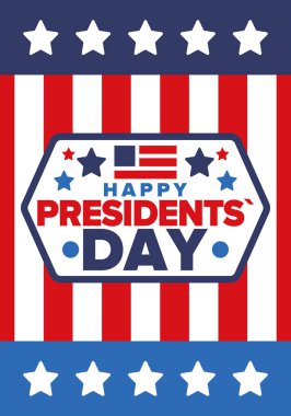 Birleşik Devletler 'de Başkanlık Günün kutlu olsun. Washington 'ın doğum günü. Amerika 'da federal tatil. Şubat 'ta kutlandı. Vatansever Amerikan unsurları. Poster, afiş ve arkaplan. Vektör illüstrasyonu