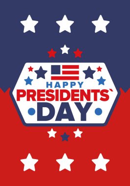 Birleşik Devletler 'de Başkanlık Günün kutlu olsun. Washington 'ın doğum günü. Amerika 'da federal tatil. Şubat 'ta kutlandı. Vatansever Amerikan unsurları. Poster, afiş ve arkaplan. Vektör illüstrasyonu