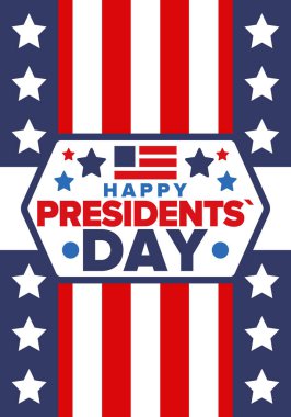 Birleşik Devletler 'de Başkanlık Günün kutlu olsun. Washington 'ın doğum günü. Amerika 'da federal tatil. Şubat 'ta kutlandı. Vatansever Amerikan unsurları. Poster, afiş ve arkaplan. Vektör illüstrasyonu