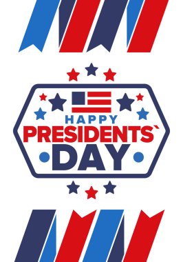 Birleşik Devletler 'de Başkanlık Günün kutlu olsun. Washington 'ın doğum günü. Amerika 'da federal tatil. Şubat 'ta kutlandı. Vatansever Amerikan unsurları. Poster, afiş ve arkaplan. Vektör illüstrasyonu