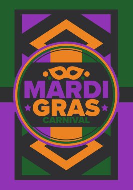 New Orleans 'taki Mardi Gras Karnavalı. Şişman Salı. Geleneksel bayram, yıllık kutlama. Halk festivali, kostüm maskesi, eğlence partisi. Karnaval maskesi. Poster, kart, afiş ve geçmiş. Vektör