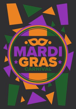 New Orleans 'taki Mardi Gras Karnavalı. Şişman Salı. Geleneksel bayram, yıllık kutlama. Halk festivali, kostüm maskesi, eğlence partisi. Karnaval maskesi. Poster, kart, afiş ve geçmiş. Vektör