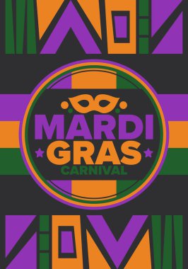 New Orleans 'taki Mardi Gras Karnavalı. Şişman Salı. Geleneksel bayram, yıllık kutlama. Halk festivali, kostüm maskesi, eğlence partisi. Karnaval maskesi. Poster, kart, afiş ve geçmiş. Vektör