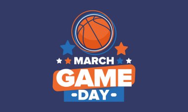 Maç günü. Mart ayında basketbol playoff 'u. Amerika 'da süper spor partisi. Sezon turnuvasının son maçları. Profesyonel takım şampiyonluğu. Basketbol topu. Spor afişi. Vektör