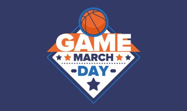 Maç günü. Mart ayında basketbol playoff 'u. Amerika 'da süper spor partisi. Sezon turnuvasının son maçları. Profesyonel takım şampiyonluğu. Basketbol topu. Spor afişi. Vektör