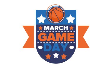 Maç günü. Mart ayında basketbol playoff 'u. Amerika 'da süper spor partisi. Sezon turnuvasının son maçları. Profesyonel takım şampiyonluğu. Basketbol topu. Spor afişi. Vektör