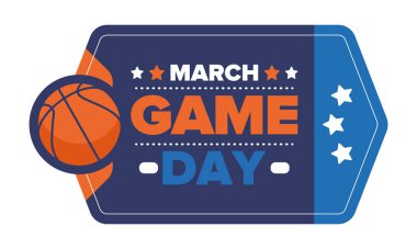 Maç günü. Mart ayında basketbol playoff 'u. Amerika 'da süper spor partisi. Sezon turnuvasının son maçları. Profesyonel takım şampiyonluğu. Basketbol topu. Spor afişi. Vektör
