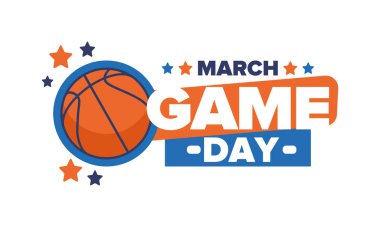 Maç günü. Mart ayında basketbol playoff 'u. Amerika 'da süper spor partisi. Sezon turnuvasının son maçları. Profesyonel takım şampiyonluğu. Basketbol topu. Spor afişi. Vektör