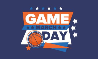 Maç günü. Mart ayında basketbol playoff 'u. Amerika 'da süper spor partisi. Sezon turnuvasının son maçları. Profesyonel takım şampiyonluğu. Basketbol topu. Spor afişi. Vektör