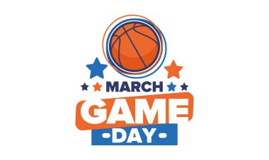 Maç günü. Mart ayında basketbol playoff 'u. Amerika 'da süper spor partisi. Sezon turnuvasının son maçları. Profesyonel takım şampiyonluğu. Basketbol topu. Spor afişi. Vektör