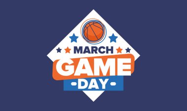 Maç günü. Mart ayında basketbol playoff 'u. Amerika 'da süper spor partisi. Sezon turnuvasının son maçları. Profesyonel takım şampiyonluğu. Basketbol topu. Spor afişi. Vektör