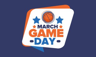 Maç günü. Mart ayında basketbol playoff 'u. Amerika 'da süper spor partisi. Sezon turnuvasının son maçları. Profesyonel takım şampiyonluğu. Basketbol topu. Spor afişi. Vektör