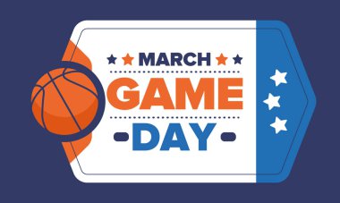 Maç günü. Mart ayında basketbol playoff 'u. Amerika 'da süper spor partisi. Sezon turnuvasının son maçları. Profesyonel takım şampiyonluğu. Basketbol topu. Spor afişi. Vektör