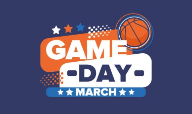 Maç günü. Mart ayında basketbol playoff 'u. Amerika 'da süper spor partisi. Sezon turnuvasının son maçları. Profesyonel takım şampiyonluğu. Basketbol topu. Spor afişi. Vektör