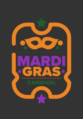 New Orleans 'taki Mardi Gras Karnavalı. Şişman Salı. Geleneksel bayram, yıllık kutlama. Halk festivali, kostüm maskesi, eğlence partisi. Karnaval maskesi. Poster, kart, afiş ve geçmiş. Vektör