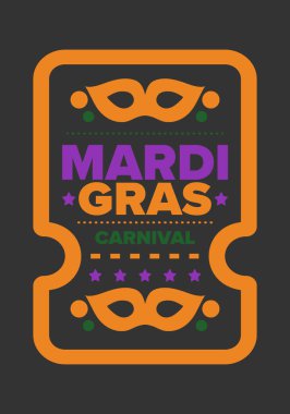 New Orleans 'taki Mardi Gras Karnavalı. Şişman Salı. Geleneksel bayram, yıllık kutlama. Halk festivali, kostüm maskesi, eğlence partisi. Karnaval maskesi. Poster, kart, afiş ve geçmiş. Vektör
