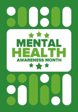 Mayıs 'ta Akıl Sağlığı Bilinci Ayı. Birleşik Devletler 'de yıllık kampanya. Akıl sağlığıyla ilgili farkındalığı arttırıyorum. Kontrol ve koruma. Önleme kampanyası. Tıbbi sağlık hizmeti tasarımı. Vektör illüstrasyonu
