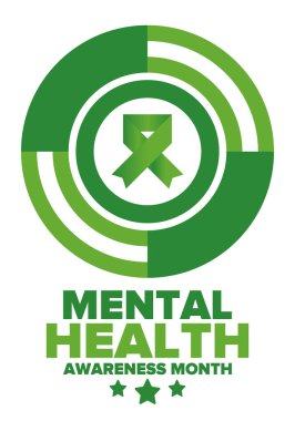 Mayıs 'ta Akıl Sağlığı Bilinci Ayı. Birleşik Devletler 'de yıllık kampanya. Akıl sağlığıyla ilgili farkındalığı arttırıyorum. Kontrol ve koruma. Önleme kampanyası. Tıbbi sağlık hizmeti tasarımı. Vektör illüstrasyonu