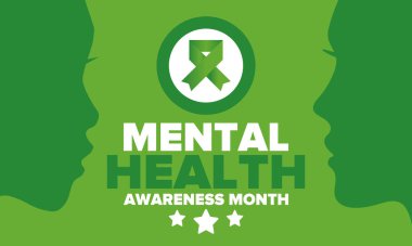 Mayıs 'ta Akıl Sağlığı Bilinci Ayı. Birleşik Devletler 'de yıllık kampanya. Akıl sağlığıyla ilgili farkındalığı arttırıyorum. Kontrol ve koruma. Önleme kampanyası. Tıbbi sağlık hizmeti tasarımı. Vektör illüstrasyonu