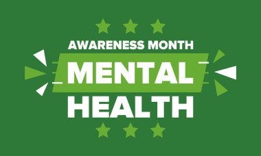 Mayıs 'ta Akıl Sağlığı Bilinci Ayı. Birleşik Devletler 'de yıllık kampanya. Akıl sağlığıyla ilgili farkındalığı arttırıyorum. Kontrol ve koruma. Önleme kampanyası. Tıbbi sağlık hizmeti tasarımı. Vektör illüstrasyonu