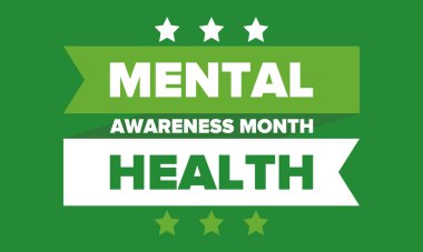 Mayıs 'ta Akıl Sağlığı Bilinci Ayı. Birleşik Devletler 'de yıllık kampanya. Akıl sağlığıyla ilgili farkındalığı arttırıyorum. Kontrol ve koruma. Önleme kampanyası. Tıbbi sağlık hizmeti tasarımı. Vektör illüstrasyonu