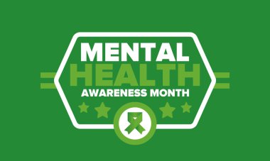 Mayıs 'ta Akıl Sağlığı Bilinci Ayı. Birleşik Devletler 'de yıllık kampanya. Akıl sağlığıyla ilgili farkındalığı arttırıyorum. Kontrol ve koruma. Önleme kampanyası. Tıbbi sağlık hizmeti tasarımı. Vektör illüstrasyonu